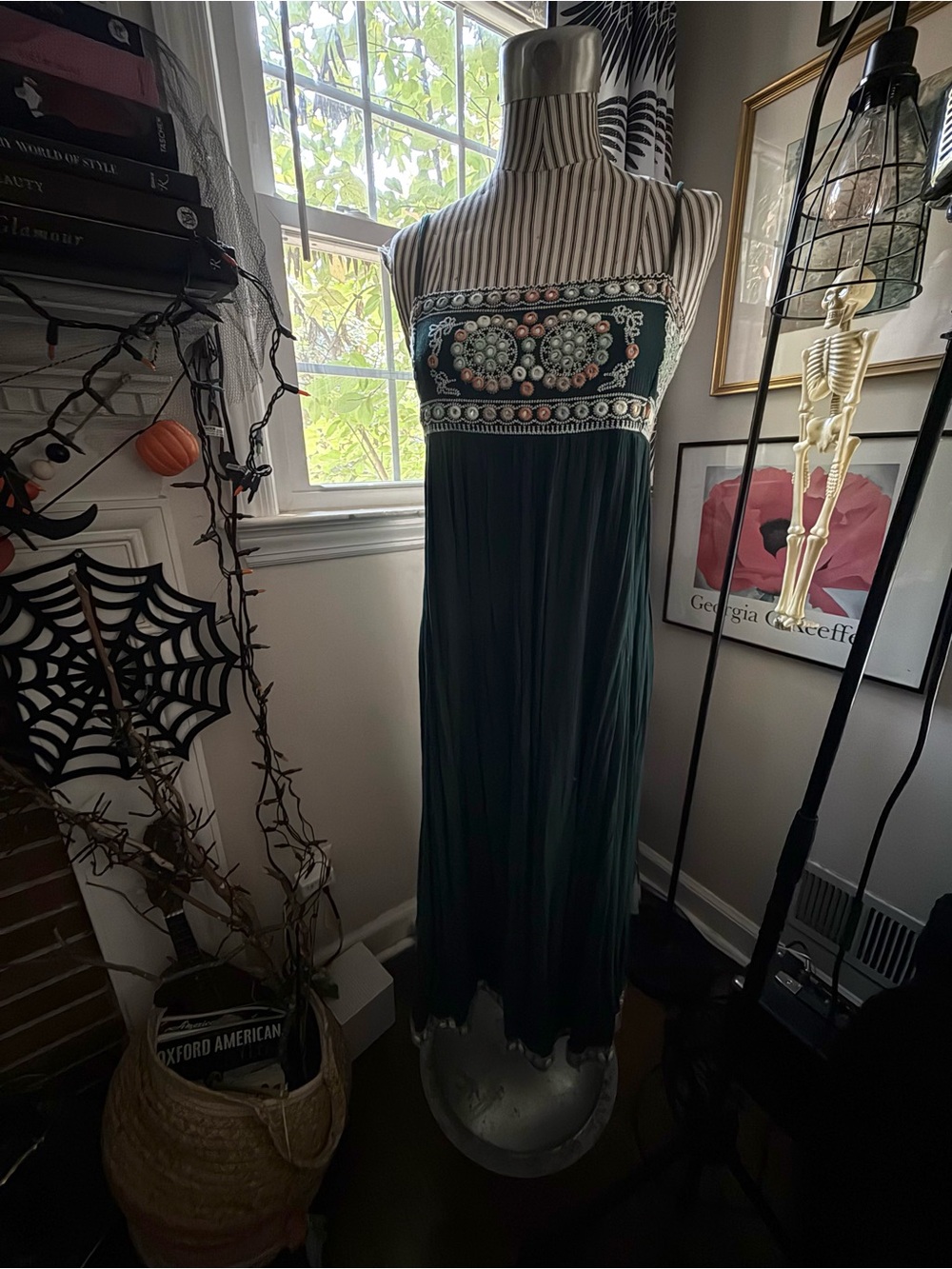 Embroidered Dark Green Strapless Maxi Dress